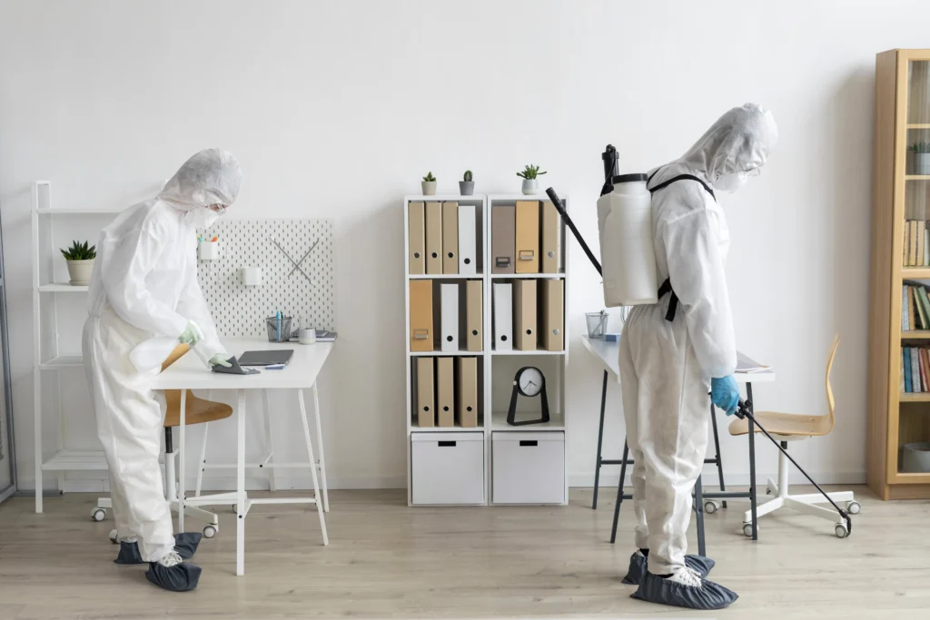 Pest control professionals disinfecting office space in Auckland using eco-friendly methods